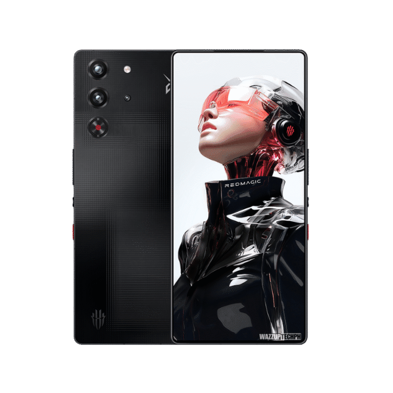 A sleek black Redmagic 10S Pro smartphone is displayed. The back shows a triple-camera system, while the front showcases a vibrant image of a futuristic female figure.
