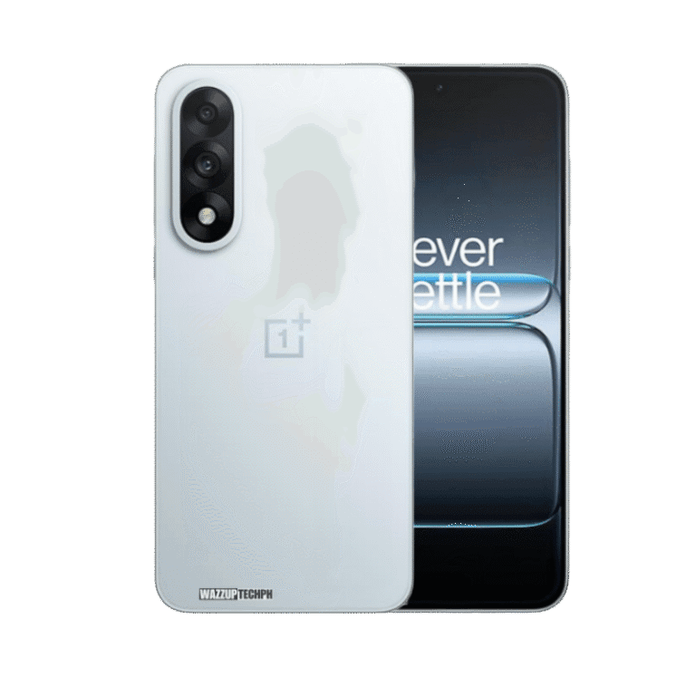 A studio shot shows the OnePlus Ace 2 smartphone from two angles. The left side displays the back of the phone, which is light-colored with a triple-lens camera module and the OnePlus logo. The right side shows the front of the phone, showcasing its dark-colored screen with the words 'Never Settle' partially visible. The image is clean and professional, highlighting the phone's design.