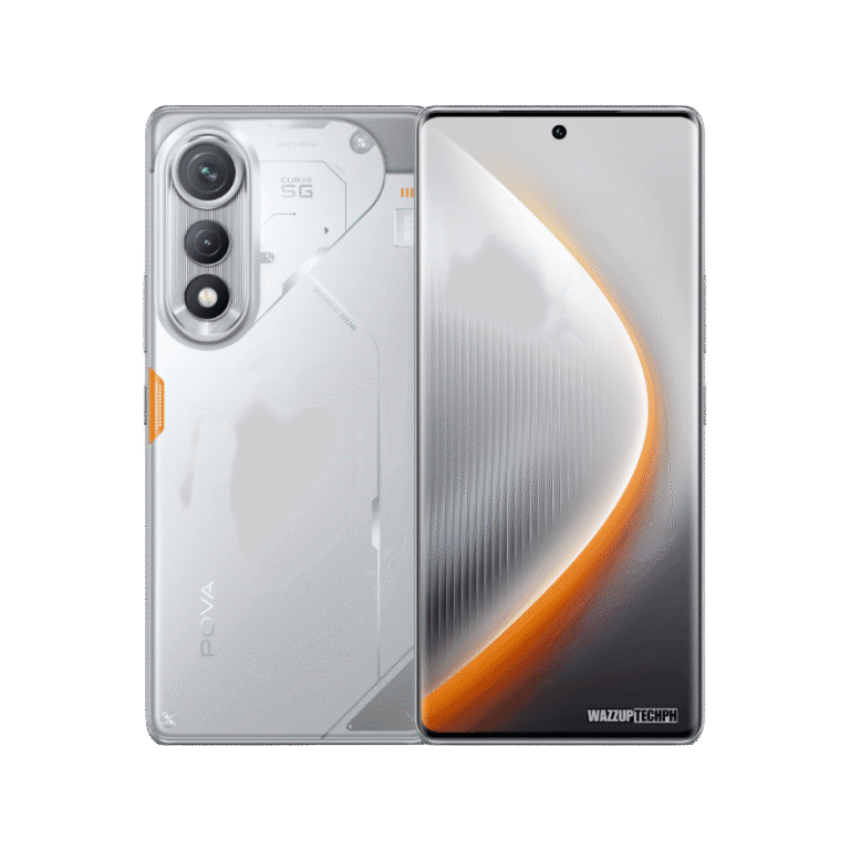 Close-up view of a Tecno Pova Curve smartphone, highlighting its curved display, camera system, and overall aesthetic. The phone appears to be [color, e.g., midnight black].