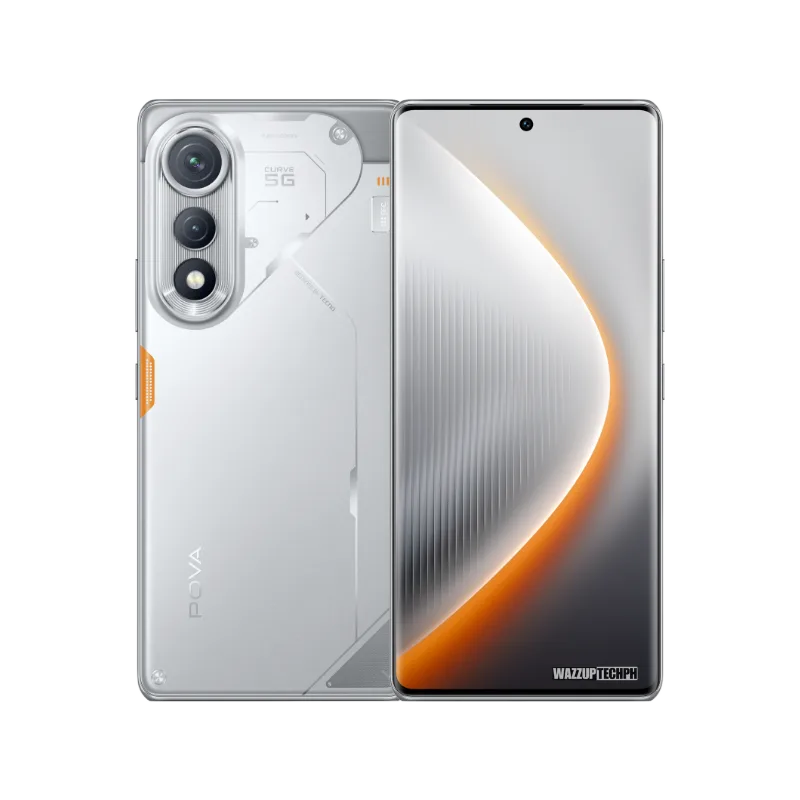 Close-up view of a Tecno Pova Curve smartphone, highlighting its curved display, camera system, and overall aesthetic. The phone appears to be [color, e.g., midnight black].