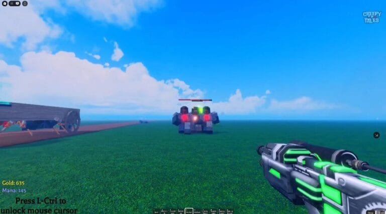 A Roblox Dead Spells screenshot depicting the player's character holding a futuristic-looking weapon. The character is standing in a grassy field, with a cart and a strange, blocky structure visible in the background. The player's in-game gold and mana are displayed.