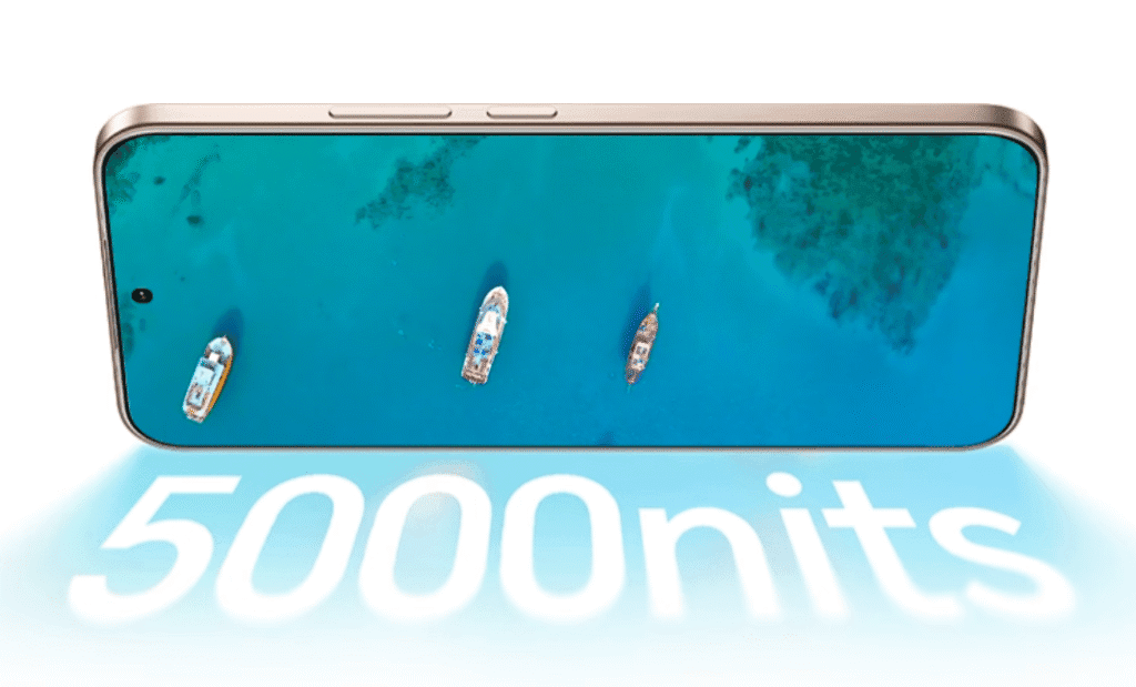The Honor 400 smartphone displaying a vibrant image of boats on water. The text '5000 nits' is prominently displayed below the screen, highlighting the phone's peak brightness.