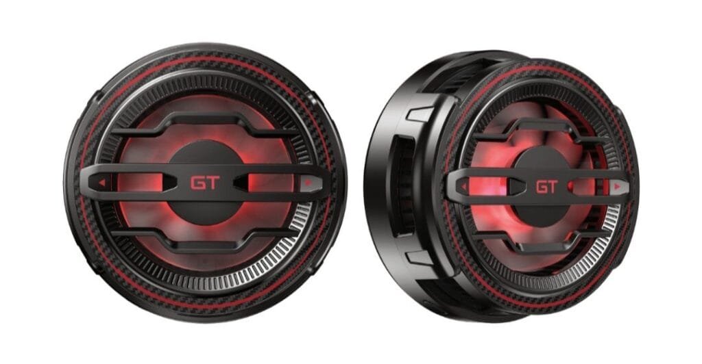 Two views of the Infinix GT 30 Pro's MagCharge Cooler, a circular magnetic attachment with a red illuminated fan.