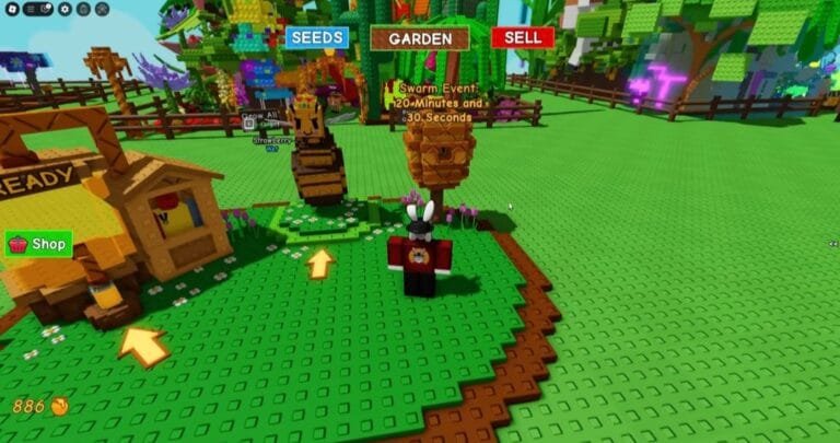 Roblox Grow a Garden | Bizzy Bees New Update Released. Screenshot of the Roblox Grow a Garden game update. A player stands near beehives and a shop, with a timer displaying an upcoming "Swarm Event" of 120 minutes and 30 seconds. The overall aesthetic is bright and blocky, typical of Roblox games.