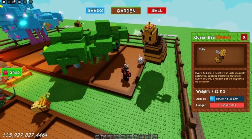 Screenshot of the Roblox Grow a Garden game update. A player is shown in their garden near a large Queen Bee (named Colly) with a crown. A panel displays the bee's stats: Divine rarity, weight (4.21 KG), age (16), experience (824.70 / 5412 EXP), and hunger (0 / 65000 HGR). The bee's abilities are also described.