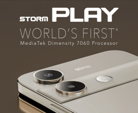 Close-up of the Lava Storm Play phone, highlighting its dual-camera system with a 50MP main sensor, metallic finish, and the phone's branding.