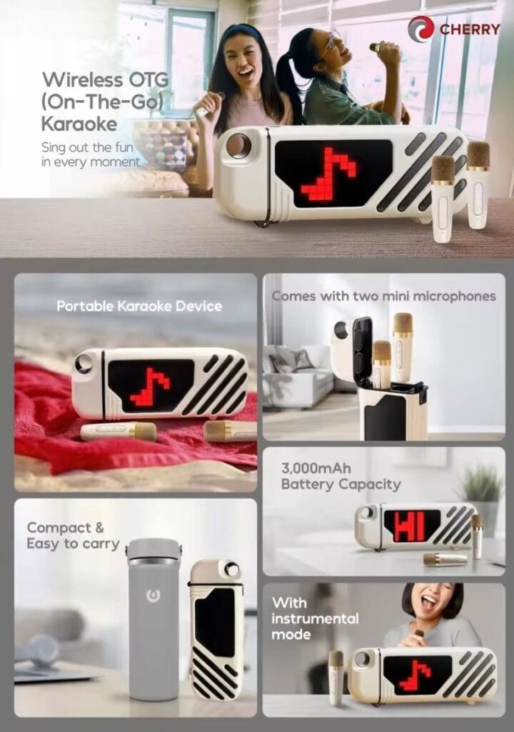 CHERRY Philippines Launches Portable Wireless OTG Karaoke System 2 Collage showcasing the CHERRY Wireless OTG (On-The-Go) Karaoke machine. Images highlight its portability, compact size, included mini microphones, 3000mAh battery, and instrumental mode. People are shown enjoying the karaoke system.