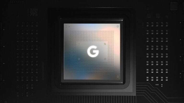 A high-resolution image showcasing the Google Tensor G5 processor on a circuit board. The chip is dark gray with a prominent white 'G' logo.