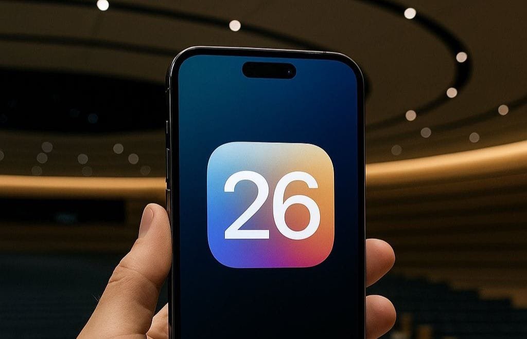 Close-up of a person holding a smartphone with the iOS 19 26 app icon prominently displayed on the screen. The background is blurred, showing a modern auditorium or conference hall.
