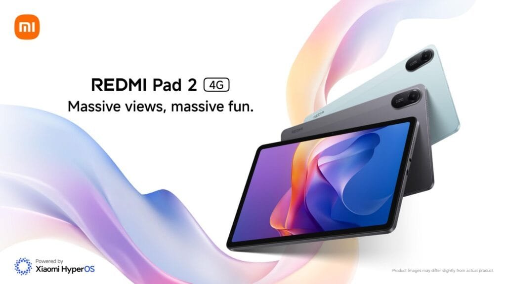 Redmi Pad 2 4G Philippines | 11" 2.5K IPS LCD, MediaTek Helio G100 Ultra, and 9,000mAh Battery 1 A promotional image for the Redmi Pad 2 4G tablet. Three tablets in gray, light gray, and light blue are shown at an angle, floating above a stylized abstract background of pastel colors. The Xiaomi logo is in the upper left corner. Text reads "REDMI Pad 2 4G" and "Massive views, massive fun". The text "Powered by Xiaomi HyperOS" is also visible.