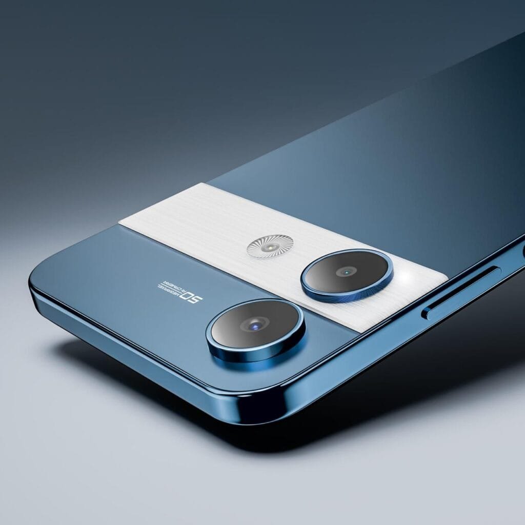 Close-up view of the rear camera system of Lava storm play 5G, a sleek, dark-blue smartphone. The camera modules are circular and prominently featured, set against a subtly textured white accent strip. The phone's design is modern and minimalist.