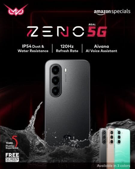 Product shot of the iTel Zeno 5G smartphone, showcasing its sleek design and triple rear camera. The phone is partially submerged in water, highlighting its IP54 dust and water resistance. The background features promotional text emphasizing key features like the 120Hz refresh rate and Aivana AI voice assistant. Three color options of the phone are also displayed.
