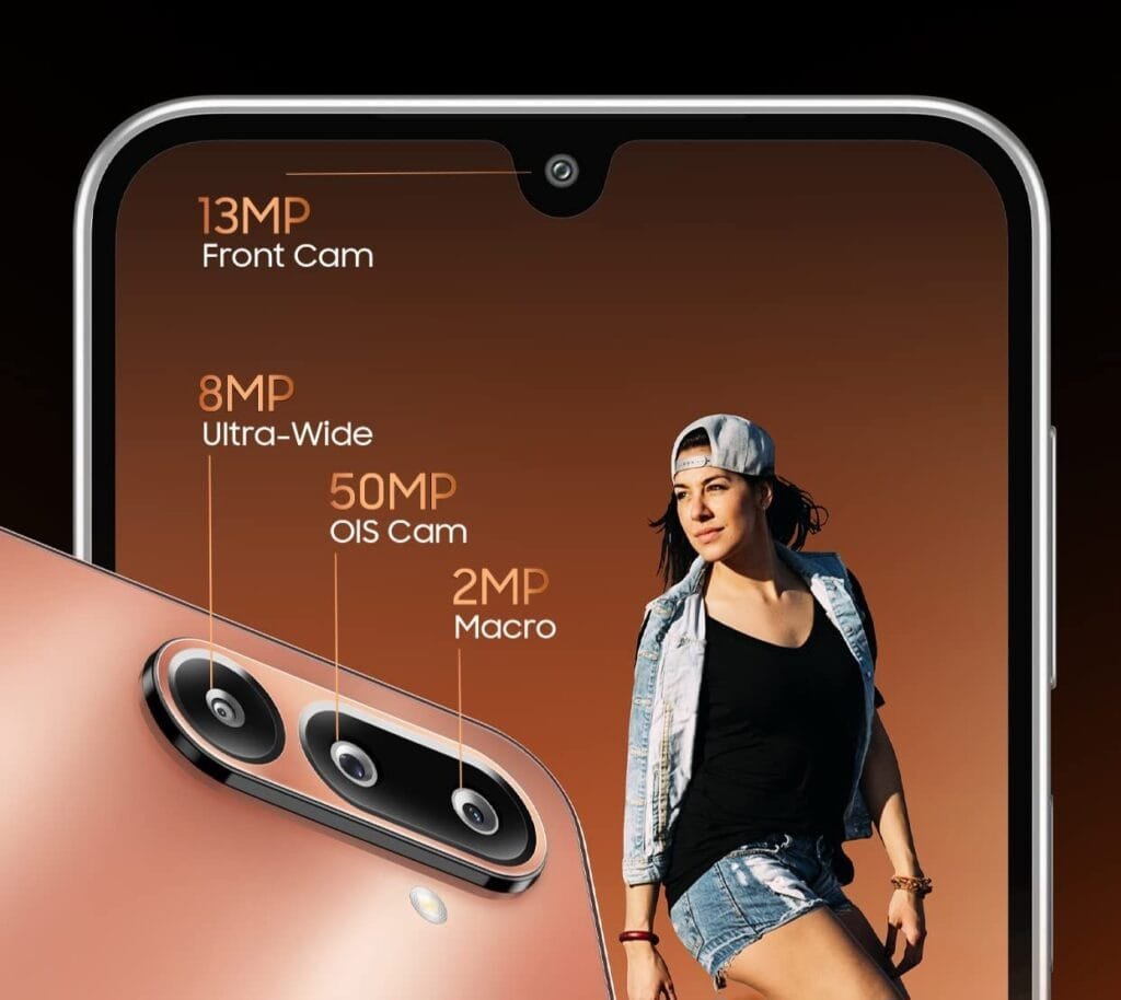 Image highlighting the Samsung Galaxy M36 5G's camera system, showing a 13MP front camera and a rear triple-camera setup with a 50MP OIS main camera, an 8MP ultrawide lens, and a 2MP macro lens.