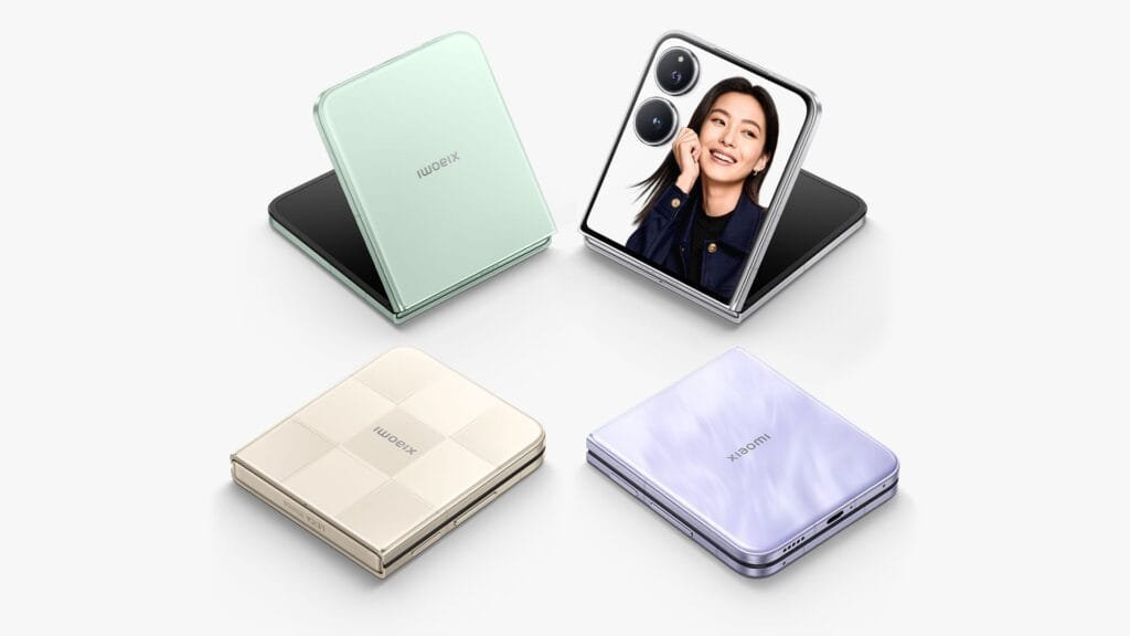 Four Xiaomi Mix Flip 2 foldable phones displayed from different angles, showcasing the device's design and color options: mint green, gold, and two shades of purple.
