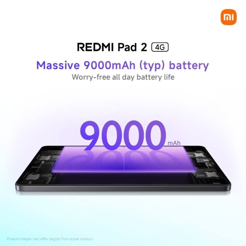 Redmi Pad 2 4G Philippines | 11" 2.5K IPS LCD, MediaTek Helio G100 Ultra, and 9,000mAh Battery 3 Close-up promotional image of the Redmi Pad 2 4G tablet showcasing its massive 9000mAh (typical) battery. The image is a cutaway view, revealing the battery inside the device. Text emphasizes "worry-free all-day battery life.