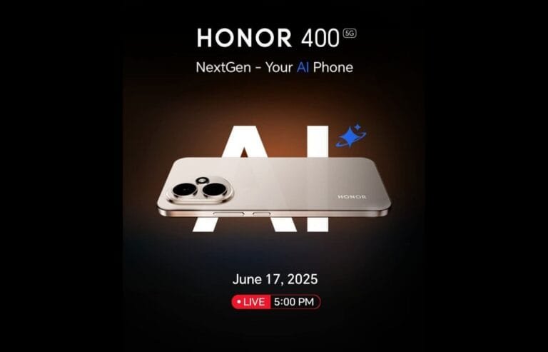 A gold Honor 400 5G smartphone is shown, highlighting its camera system and sleek design. The text "June 17, 2025" and "LIVE 5:00 PM" indicates an upcoming launch event.