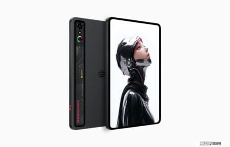 REDMAGIC Gaming Tablet 3 Pro Launched in China A promotional image of the REDMAGIC Gaming Tablet 3 Pro. The tablet is shown from the side and back, highlighting its slim profile, rear camera module, and a striking image on the display.