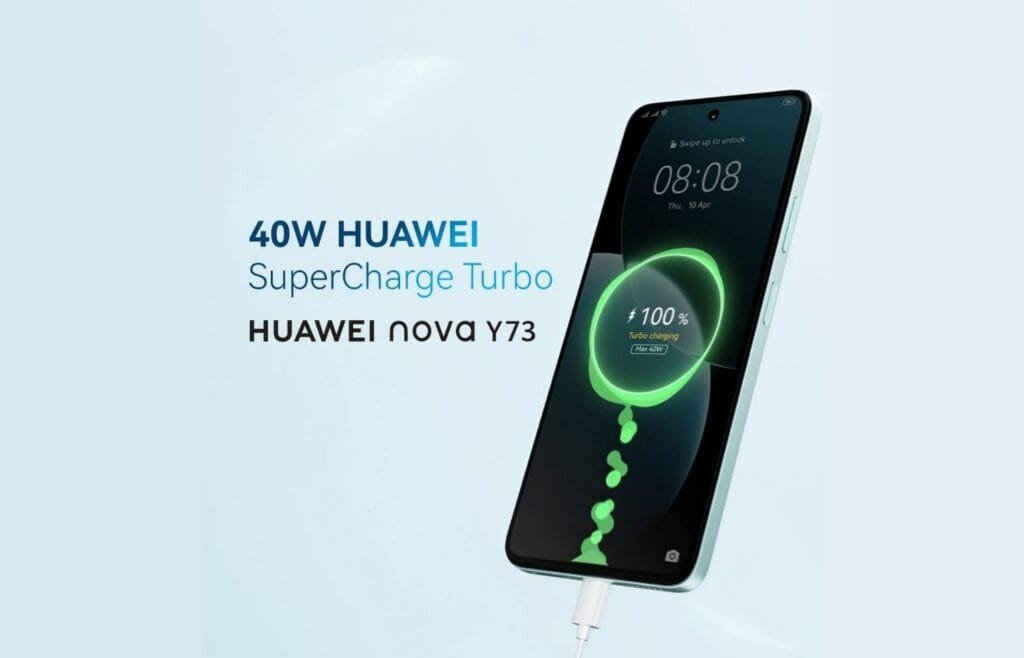 Huawei Nova Y73: 6.67" IPS LCD, Kirin 710A, and Massive 6,620mAh Battery 4 A light teal Huawei Nova Y73 smartphone is shown charging, with an on-screen graphic indicating it's reached 100% via 40W HUAWEI SuperCharge Turbo.