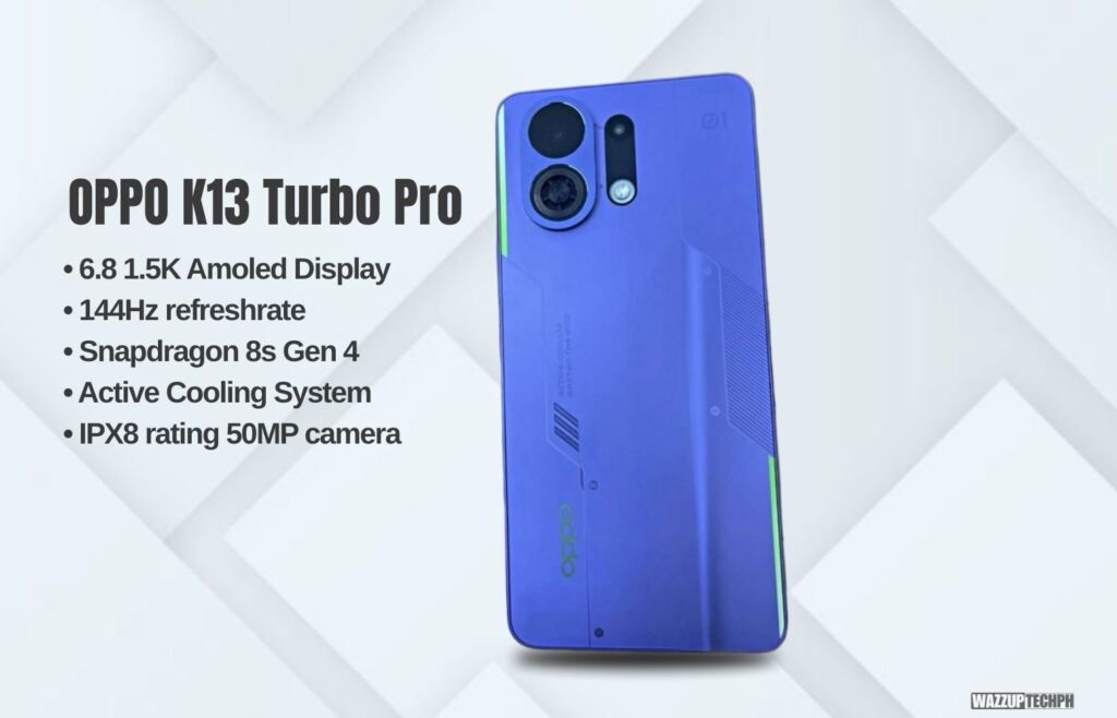 Product shot of the OPPO K13 Turbo Pro smartphone in purple. The phone's back is visible, highlighting its camera system and design details.