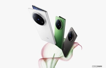 The Vivo X Fold 5, a foldable phone highlighting its circular camera module and slim profile, shown in three color variants: white, green, and gray.