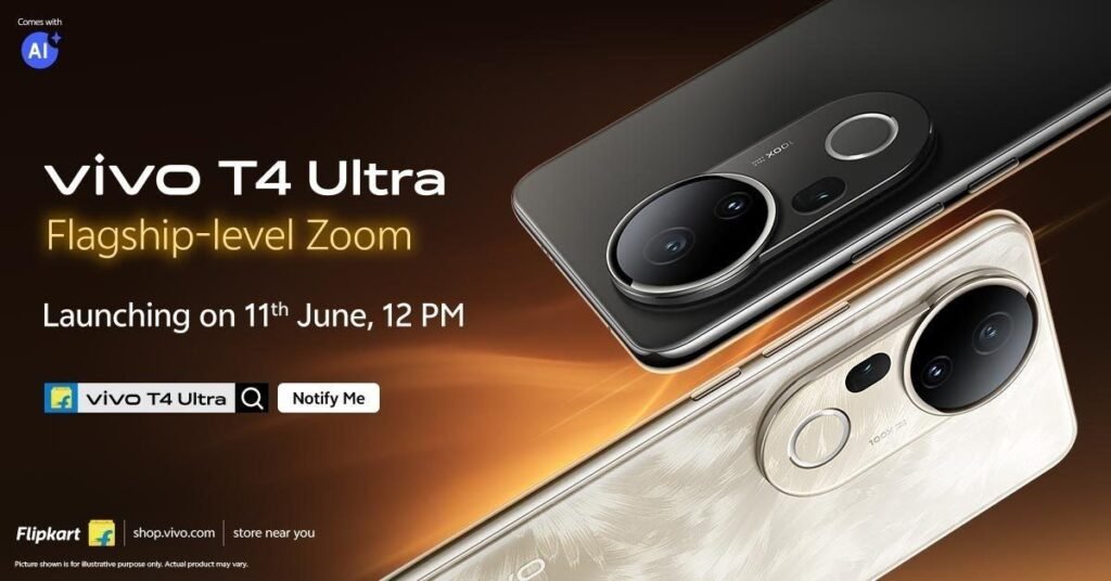 Promotional image of the Vivo T4 Ultra smartphone. The image highlights the phone's flagship-level zoom capabilities and features two color variants: gold and black. Launch date: June 11th.