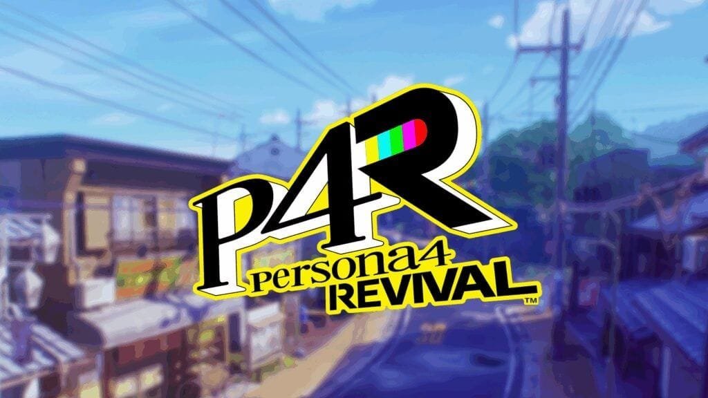 The Persona 4 Revival logo, featuring stylized 'P4R' lettering with a rainbow-striped 'R', is prominently displayed against a blurred background depicting a quaint, anime-style Japanese town street. The text 'Persona4 REVIVAL' is visible beneath the logo.