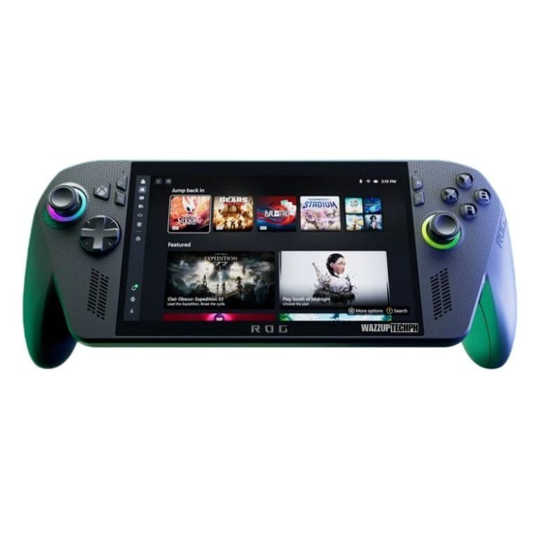 Rog Xbox Ally X Close-up of the ASUS ROG Ally X, a dark-grey handheld gaming console with vibrant green accents on the controllers. The screen shows a selection of games from its library.