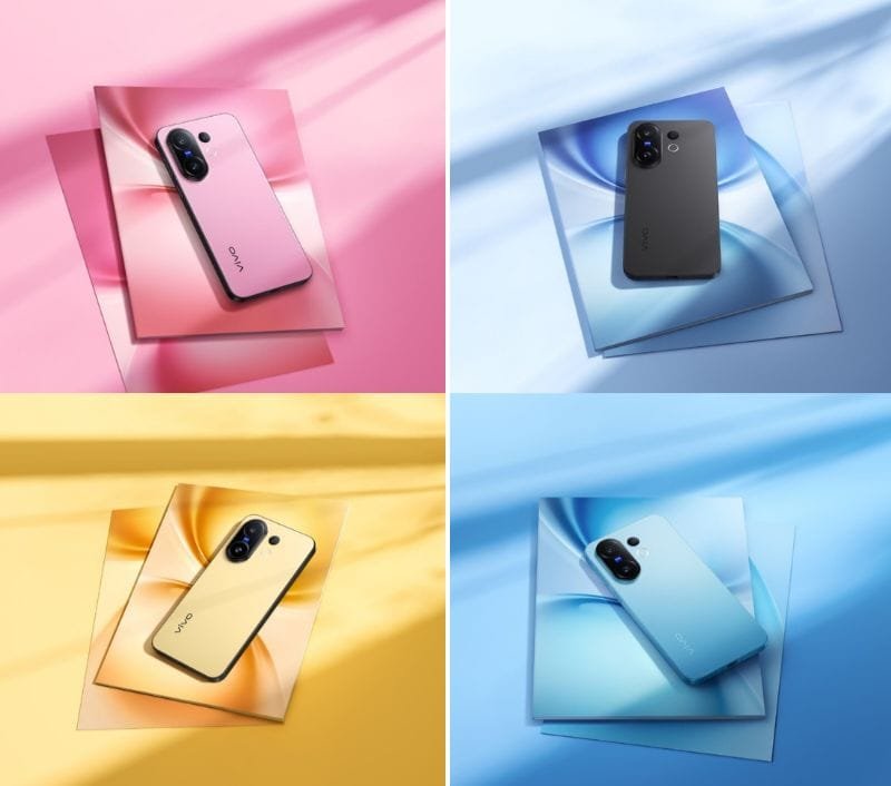 Vivo X200 FE Launched in Taiwan: Dimensity 9300+, 50MP Sony IMX921, Price at NTD 26,999 2 A collage showcasing the Vivo X200 FE smartphone in four different colors: pink, gray, light yellow, and light blue. Each phone is displayed on a stylized, color-coordinated surface.
