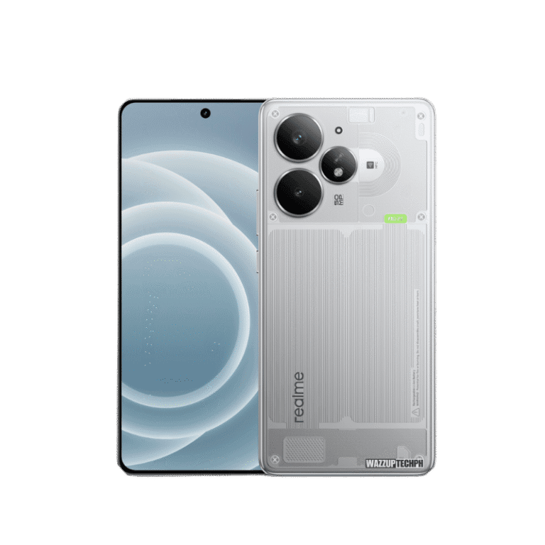 A silver Realme Neo7 Turbo smartphone is shown, with the front displaying a light blue, concentric circle design. The back reveals a transparent panel showcasing the phone's internal components and a triple-lens camera system.