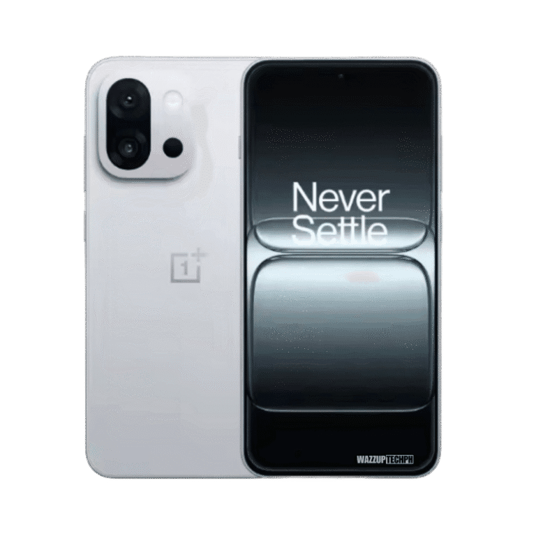 Oneplus 13s A OnePlus 13s smartphone is shown in a product shot. The phone is white on the back and features a triple-lens camera system. The front displays the OnePlus "Never Settle" slogan on a dark screen.