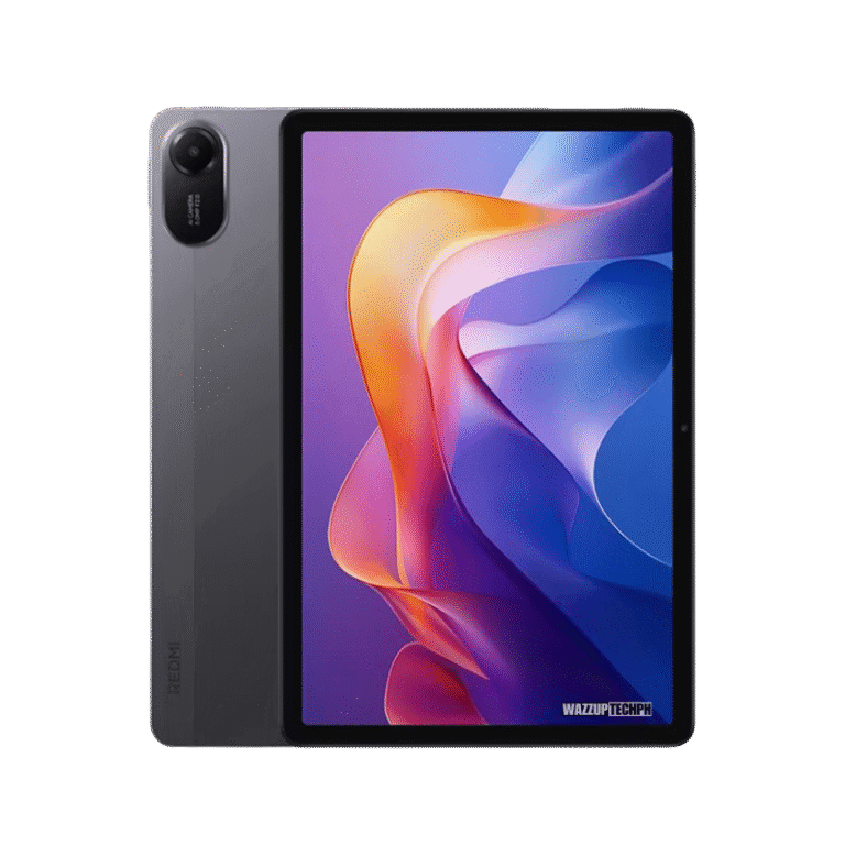 Redmi Pad 2 A sleek gray Redmi Pad 2 tablet is shown, angled slightly to reveal a circular camera on the side. The screen displays a colorful abstract design with flowing, vibrant hues of purple, orange, and yellow. The "WAZZUPTECHPH" watermark is visible at the bottom.