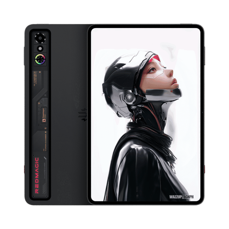 REDMAGIC Tablet 3 Pro A RedMagic Tablet 3 Pro is shown, closed. The device features a dark gray/black color scheme with a prominent RedMagic logo on the side. The screen displays a futuristic image of a woman in a helmet.