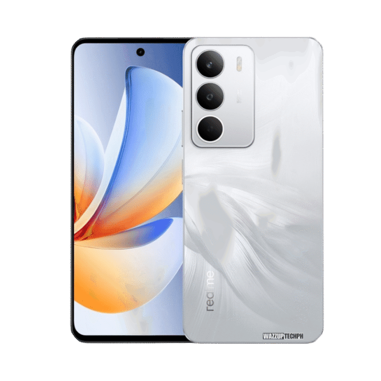 Realme C71 The Realme C71 smartphone shown in a studio shot. The front displays a vibrant, abstract design, while the back showcases a sleek, light gray finish with a subtle feather-like pattern and the Realme logo.