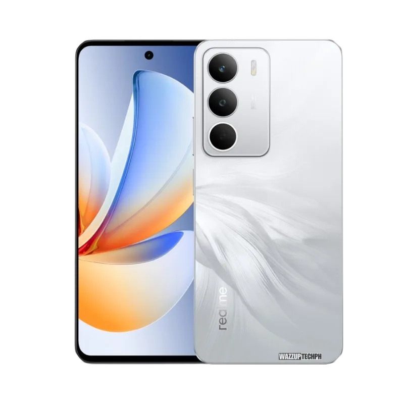 The Realme C71 smartphone shown in a studio shot. The front displays a vibrant, abstract design, while the back showcases a sleek, light gray finish with a subtle feather-like pattern and the Realme logo.