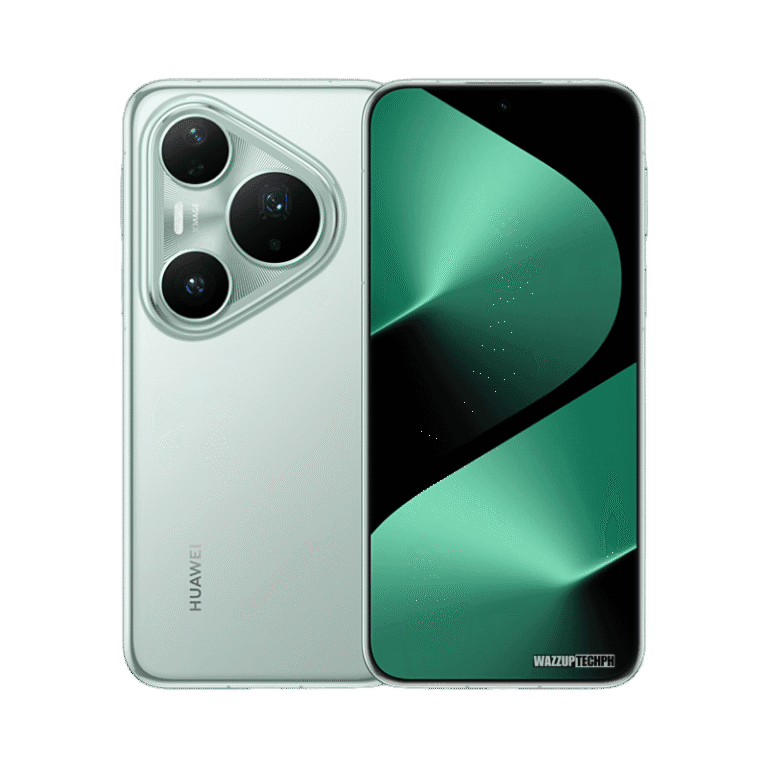 Huawei Pura 80 Pro+ A light green Huawei Pura 80 Pro+ smartphone is displayed, highlighting its distinctive camera module and curved screen design. The back of the phone shows the Huawei logo.