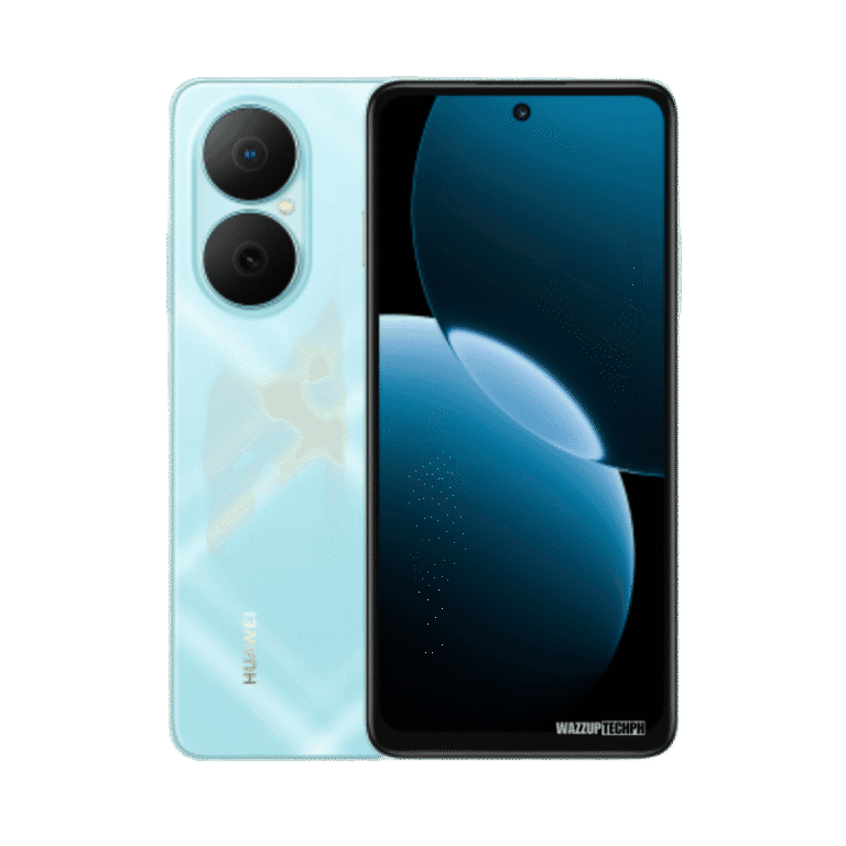 Huawei Nova Y73 A light blue Huawei Nova Y73 smartphone is shown, displaying its dual-lens rear camera and a dark blue abstract design on the screen.