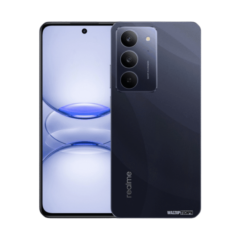 Realme C75x A dark-colored Realme C75x smartphone is shown, displaying both the front and back. The back features a triple-camera setup.