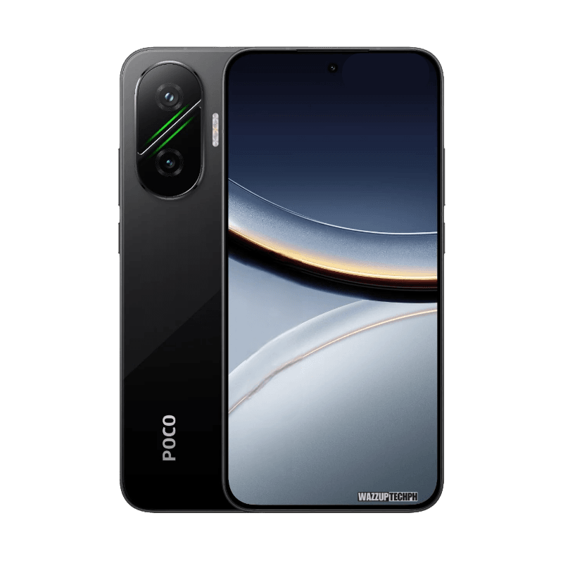 Poco F7 5G A black Poco F7 smartphone is shown from the front and back. The back shows the Poco logo. The front displays a dark gray and light gray abstract design.