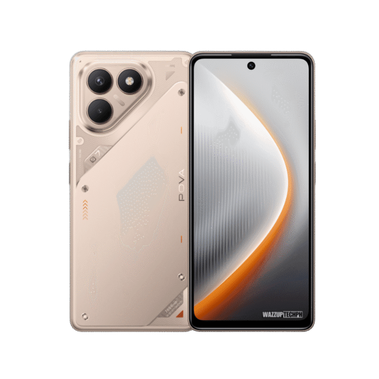 Tecno Pova 7 (4G) Gold Tecno Pova 7 4G smartphone displayed from both front and back. The back showcases a triple-lens camera and design details. The front highlights the screen's curved edges and display.