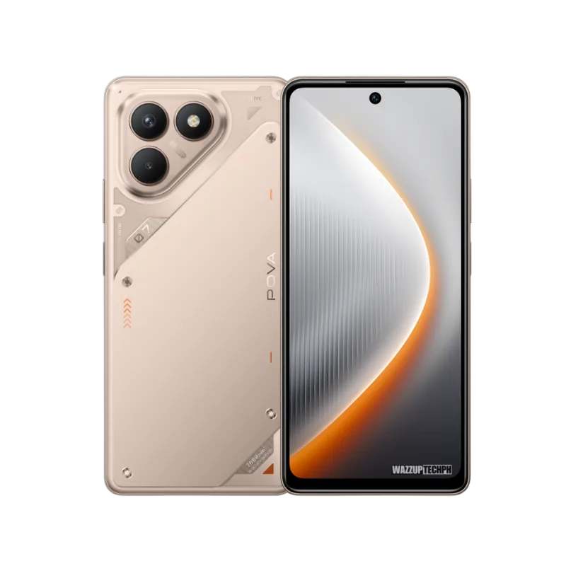 Gold Tecno Pova 7 4G smartphone displayed from both front and back. The back showcases a triple-lens camera and design details. The front highlights the screen's curved edges and display.