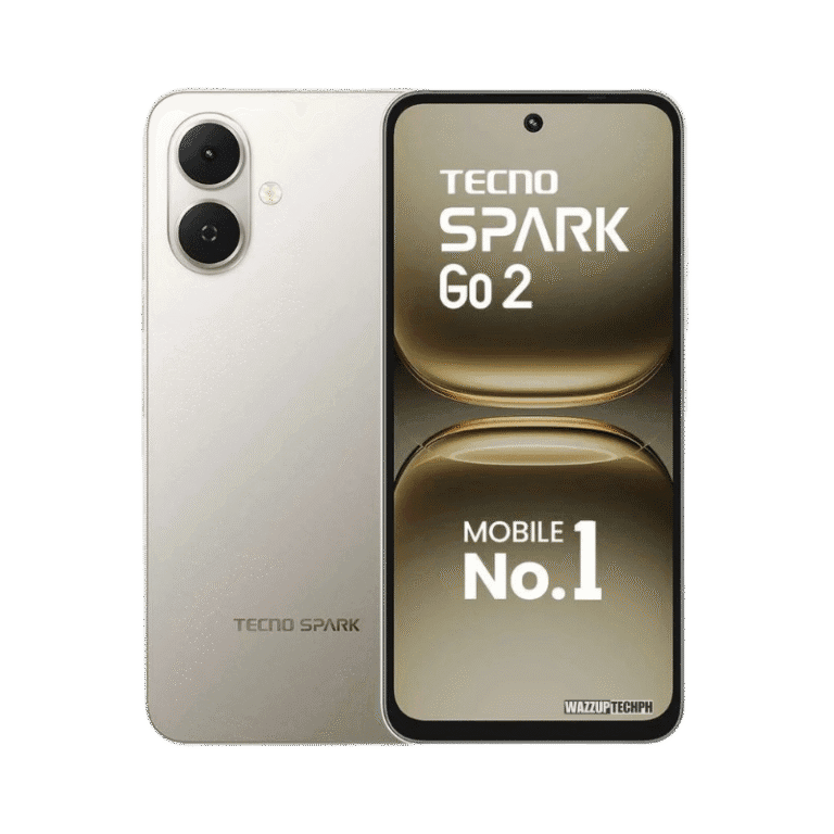 Tecno Spark Go 2 4G A gold Tecno Spark Go 2 4G smartphone is shown, front and back. The back displays the Tecno Spark logo. The front shows the phone's screen with "Mobile No.1" prominently displayed.