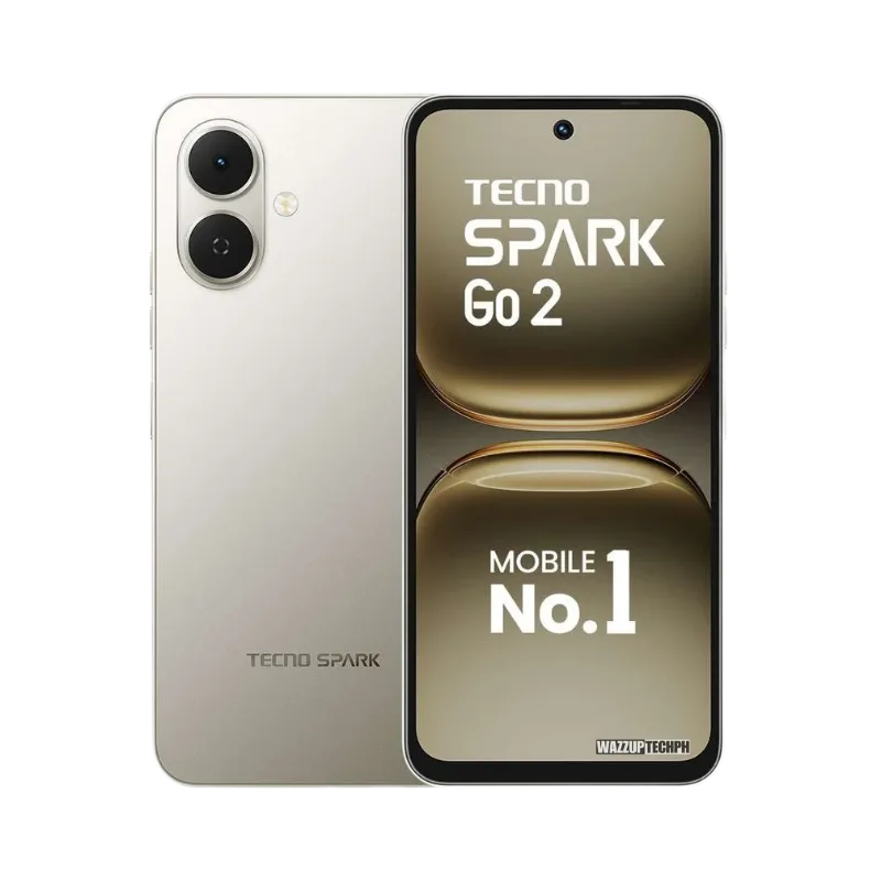 A gold Tecno Spark Go 2 4G smartphone is shown, front and back. The back displays the Tecno Spark logo. The front shows the phone's screen with "Mobile No.1" prominently displayed.