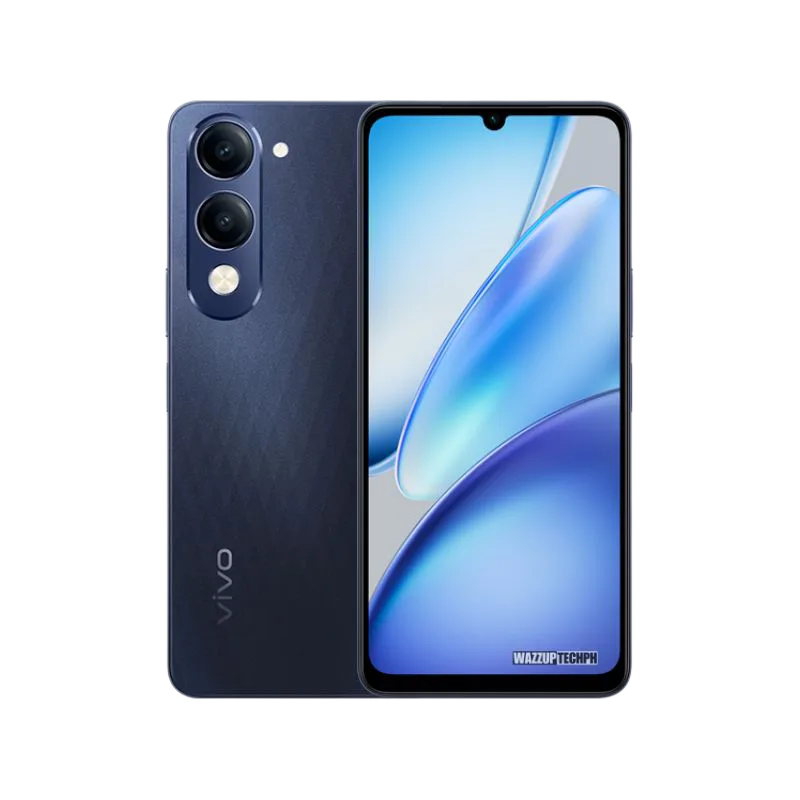 A dark blue Vivo T4 Lite smartphone is displayed, showcasing both the front and back. The back features a triple-lens camera system, while the front displays a vibrant blue screen.