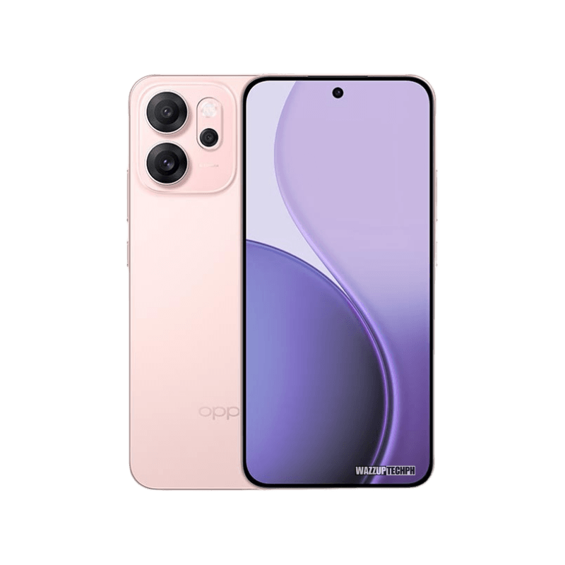 Oppo Reno 14F 5G A pink Oppo Reno 14F 5G smartphone is shown, displaying its triple rear camera setup and a curved screen design.