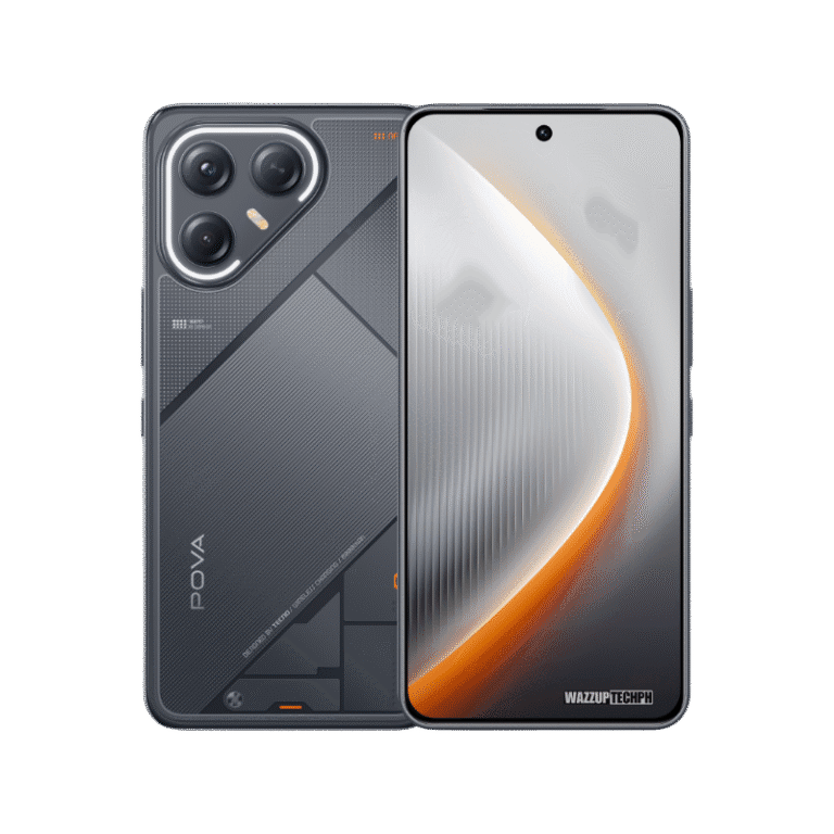 Tecno Pova 7 Ultra 5G Image of the Tecno Pova 7 Ultra phone. The back features a dark gray design with a distinctive camera module and geometric patterns. The front displays a sleek screen with an orange accent.