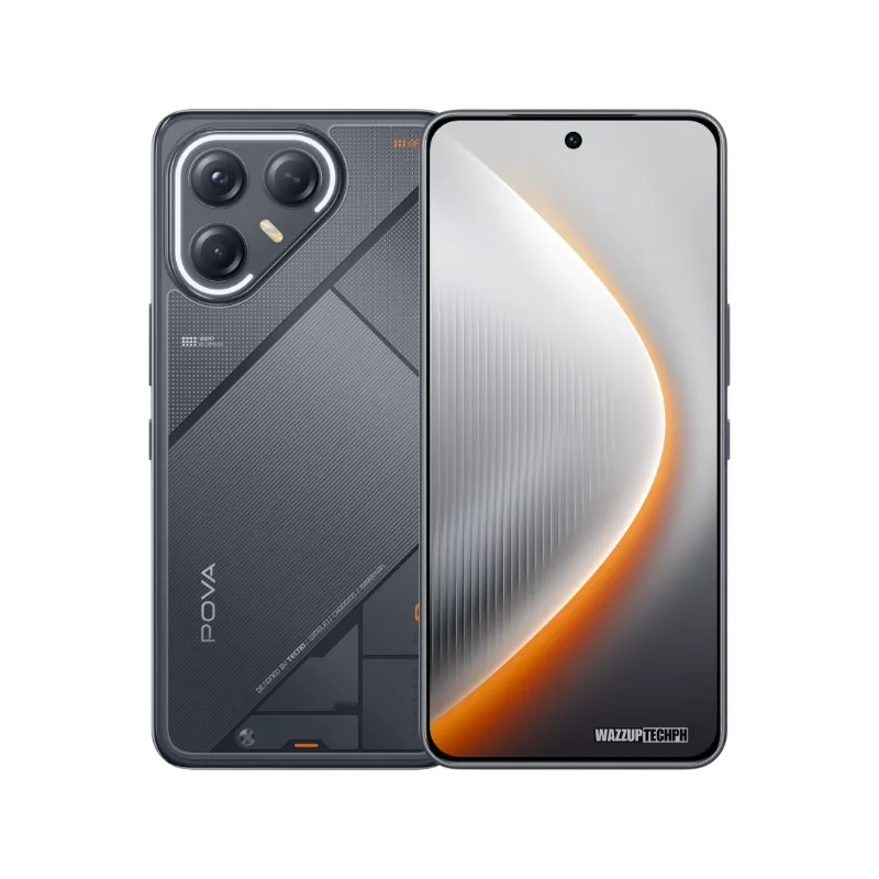 Image of the Tecno Pova 7 Ultra phone. The back features a dark gray design with a distinctive camera module and geometric patterns. The front displays a sleek screen with an orange accent.