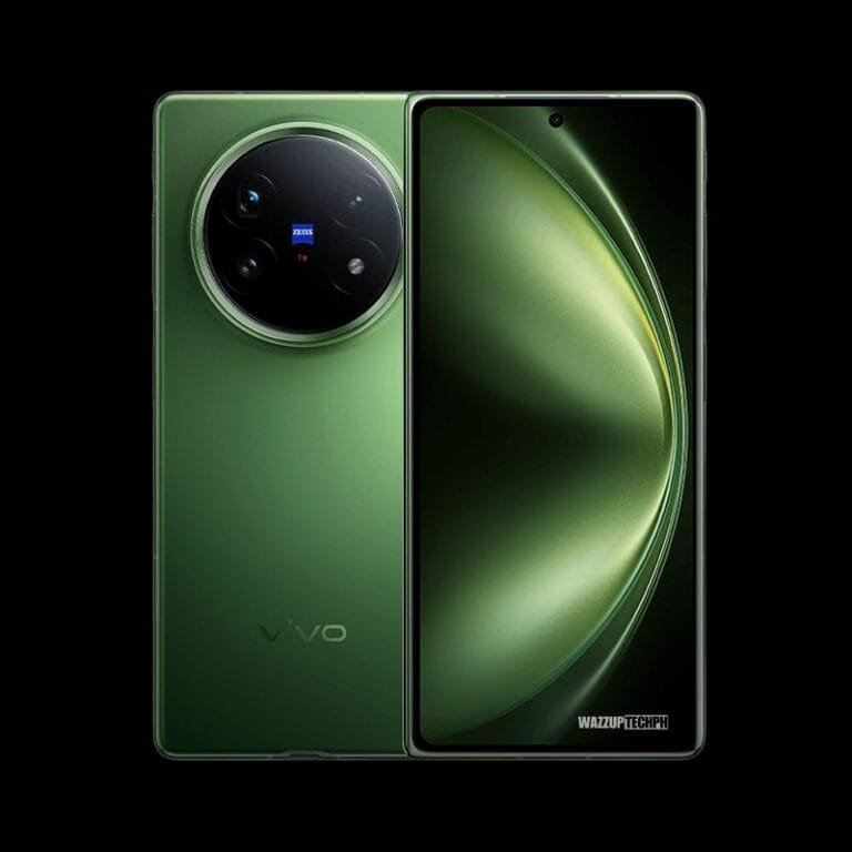 Vivo X Fold5 A sleek, dark-green Vivo X Fold5 smartphone is displayed, showcasing both its front and back. The back features a circular camera module with Zeiss branding, while the front highlights the phone's curved display. The "Vivo" logo is subtly visible on the back. The image is clean and professionally presented.