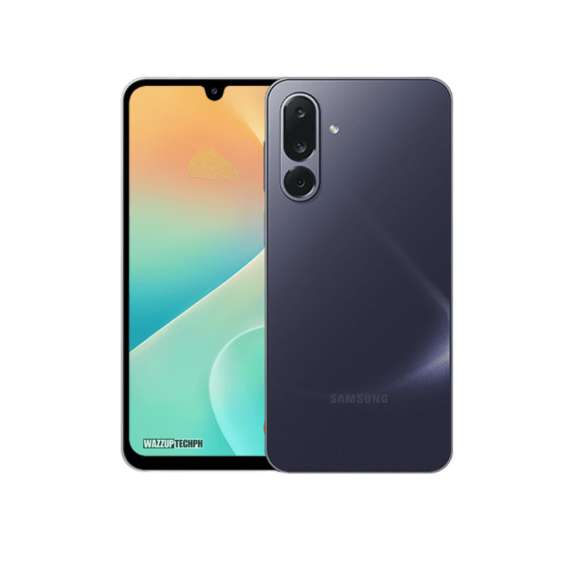 Samsung Galaxy Jump 4 Front and back view of a dark gray Samsung Galaxy Jump 4 smartphone, showcasing its triple-lens camera and curved edges.