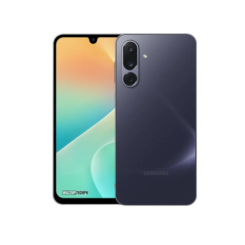 Samsung Galaxy Jump 4 Front and back view of a dark gray Samsung Galaxy Jump 4 smartphone, showcasing its triple-lens camera and curved edges.