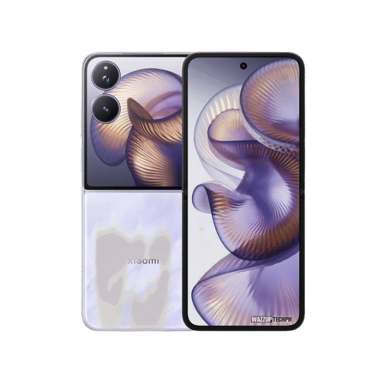 Xiaomi Mix Flip 2 5G A sleek purple Xiaomi Mix Flip 2 5G smartphone is shown both closed and open. The closed phone displays the Xiaomi logo, while the open phone reveals a vibrant abstract purple and gold design on its inner screen.